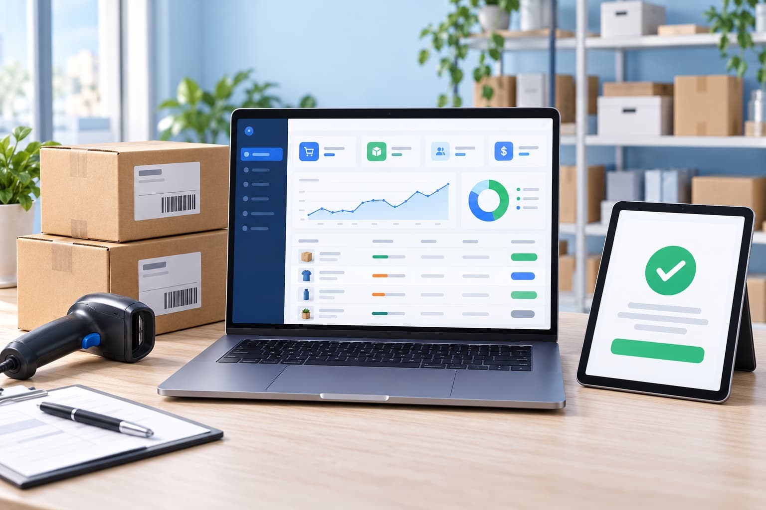 Laptop showing an order and stock management system