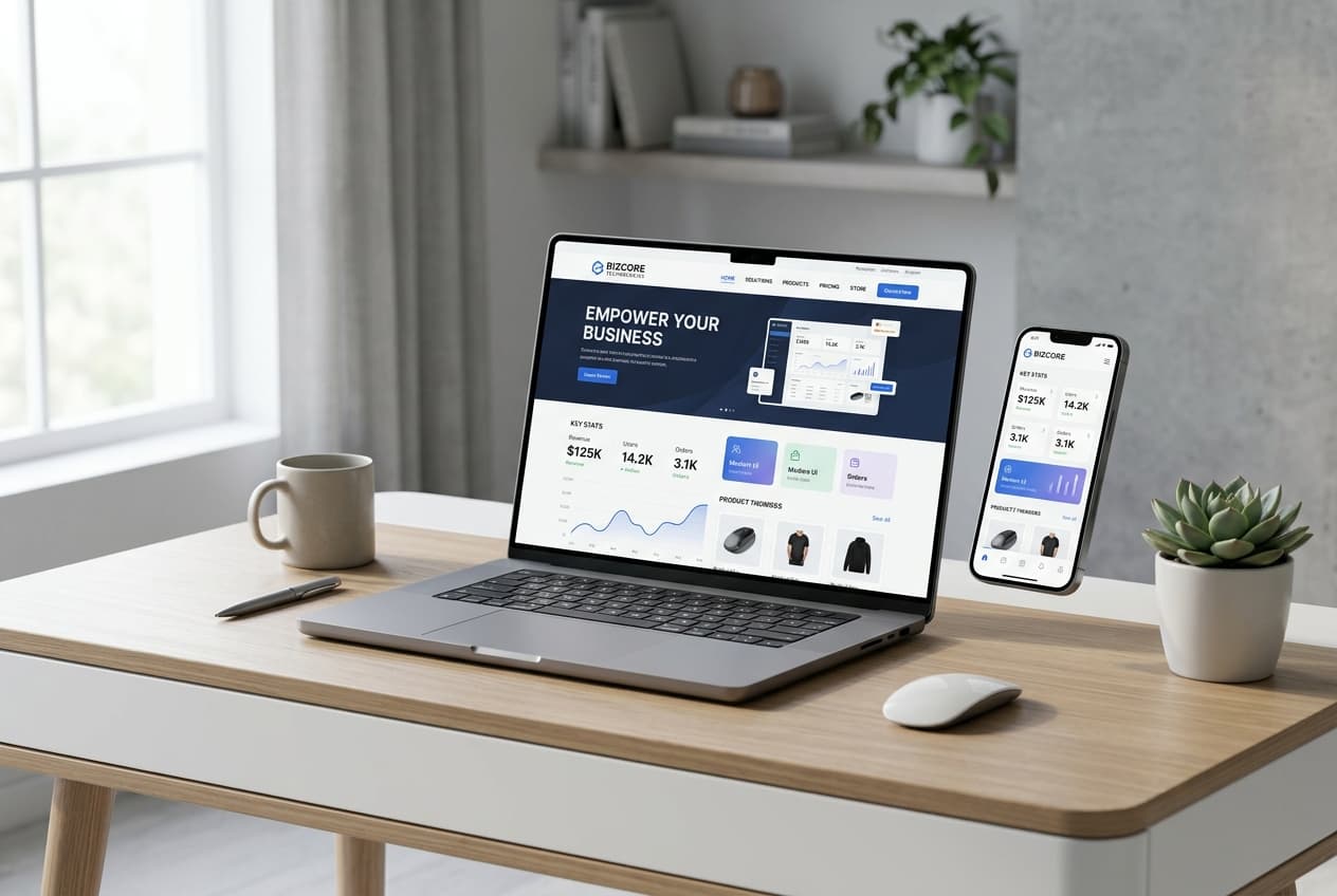 Laptop and phone showing a modern business website and sales dashboard