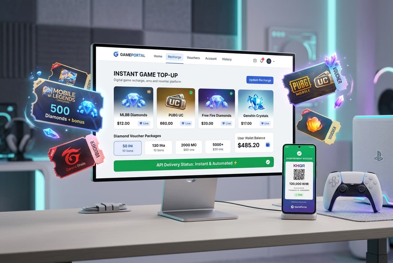 Desktop workstation and phone showing automated game recharge portal, diamond vouchers, and instant KHQR payment