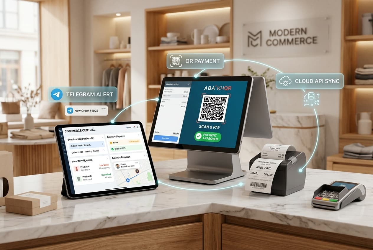 Omnichannel checkout counter, digital receipt printer, and tablet managing live store orders synced with ABA KHQR and Telegram