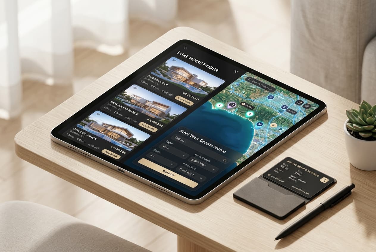 Tablet showing modern real estate listings and interactive location map
